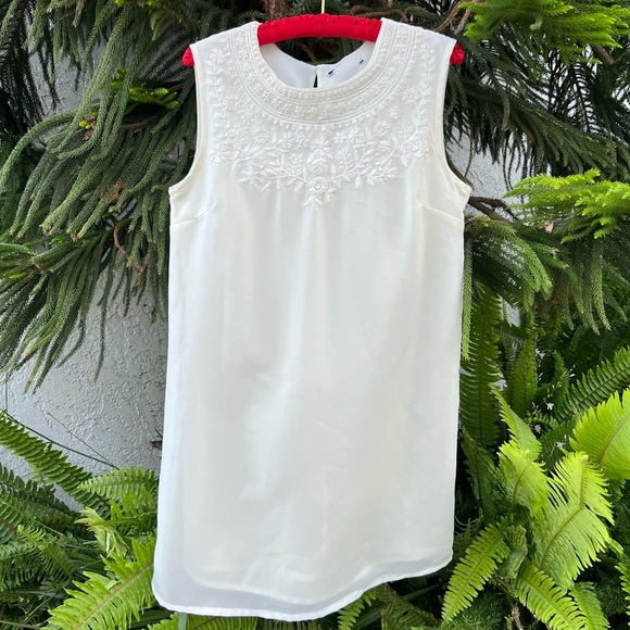 White Floral Embroidered Neckline Mini Shift Dress | Sleeveless & Silky | Small - Picture 8 of 9